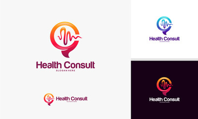 Health Consult Logo Design with Heartbeat and Chat Bubble.