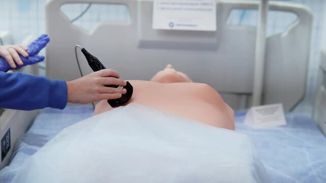 handheld ultrasound probe scanning chest of patient on hospital bed, clinical lighting, technician performing noninvasive diagnostic exam, sterile drape and monitor visible in ward setting