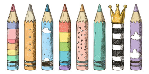 Conjunto de l&aacute;pices de colores dibujados a mano con patrones variados y una corona dorada, aislados.