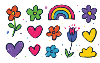 Conjunto de dibujos infantiles de flores, corazones y arco&iacute;ris dibujados a mano con textura de cray&oacute;n sobre fondo transparente.