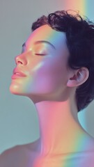 虹色の光に包まれた女性の横顔。美容やファッションのイメージ素材に最適なポートレート。