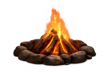 Campfire burning logs in a stone circle, creating warmth and light, ideal for camping and outdoor adventure, transparent background