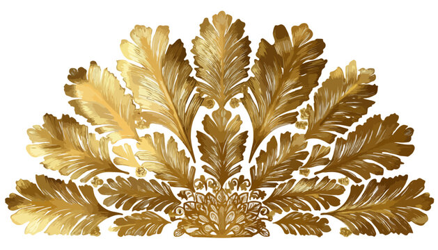 Elegante adorno floral dorado estilo acanto, elemento decorativo cl&aacute;sico con fondo transparente.