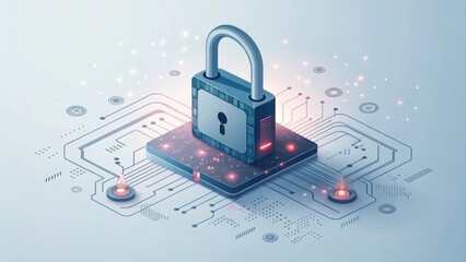 Digital padlock hovering above a circuit board representing security