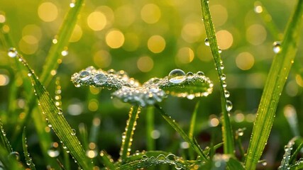 Dew kissed Grass Blades dew sparkle spring Extreme close up, macro shot of vibrant green grass blades covered in glistening morning