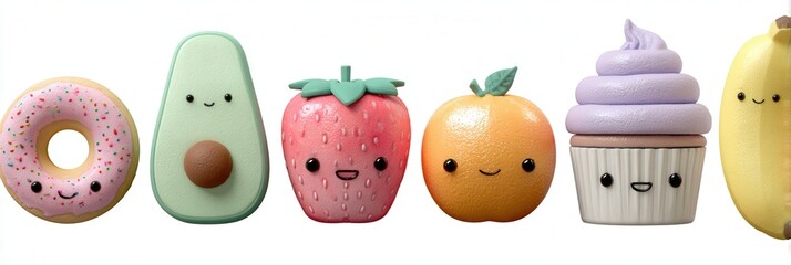 Cute Kawaii Food Characters: Donut, Avocado, Strawberry, Orange, Cupcake, Banana