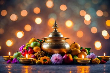 Still life traditional food, candles and flowers card Ugadi Yugadi New Year holiday AI Generative