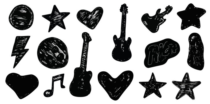 Conjunto de iconos dibujados a mano en negro: guitarras, estrellas, corazones y notas musicales sobre fondo blanco.