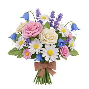 A bouquet of assorted flowers including roses, daisies, and bluebells tied with a brown ribbon against a white background.