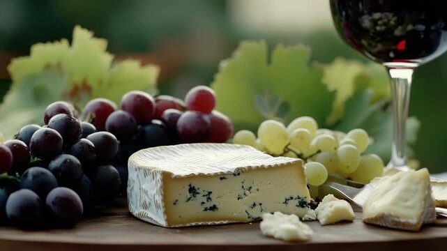 A delightful cheese board with a selection of cheeses, grapes, and wine, ready for a relaxing evening or a social gathering.
