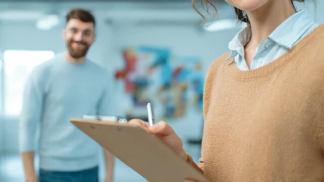 Close up of a woman holding a clipboard and pen, preparing to take notes in a modern office environment. The background features a blurred male colleague and creative workspace