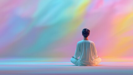 静かな空間で瞑想する男性の後ろ姿。リラクゼーションやマインドフルネスのイメージに最適な素材。