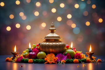 Still life traditional food, candles and flowers card Ugadi Yugadi New Year holiday AI Generative