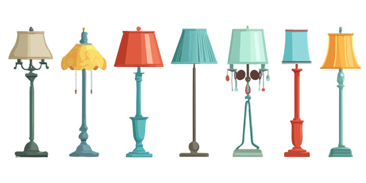 Colecci&oacute;n de l&aacute;mparas de pie y de mesa con pantallas de diferentes colores y estilos, sobre fondo transparente.