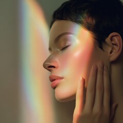 虹色の光が差し込む女性の横顔。美容やスキンケアのイメージに最適なポートレート素材。