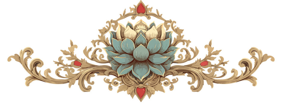 Adorno floral barroco dorado con flor de loto turquesa y detalles rojos, aislado sobre fondo blanco.