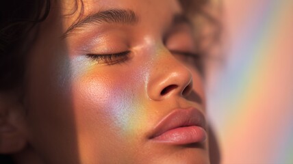 虹色の光が差し込む女性の顔のアップ。美容やスキンケアのイメージに最適な写真。