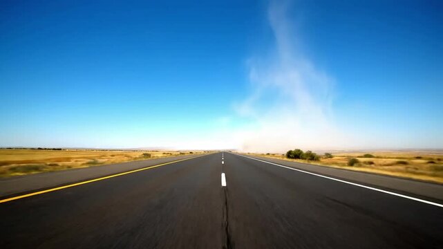 Distant Desert Road heat shimmer summer Wide shot A wide, cinematic shot of an empty, sun baked asphalt highway stretching infinitely