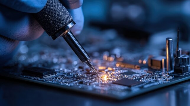 Close-up of a technician soldering a complex circuit board with a fine-tipped soldering iron