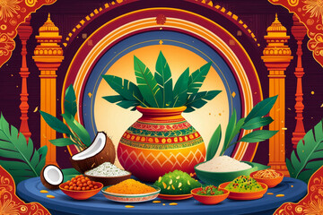 Still life traditional food, candles and flowers card Ugadi Yugadi New Year holiday AI Generative