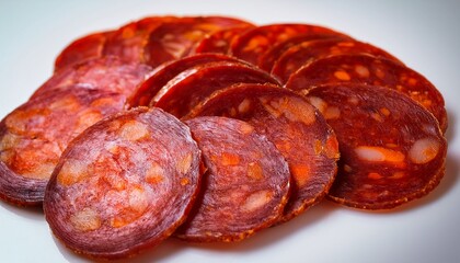 Obraz premium Close Up Of Sliced Iberian Chorizo Is A Sausage Made With Iberian Pork Seasoned With Salt Garlic And Paprika Which Is What Gives It Its Characteristic Reddish Color