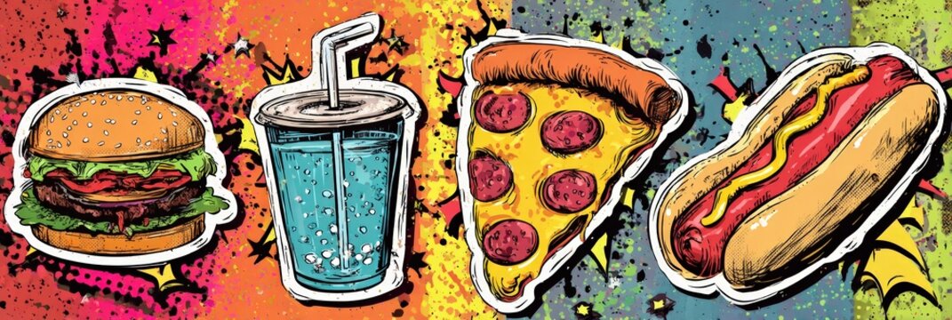 Colorful fast food collage with burger, soda, pizza, and hot dog on abstract background