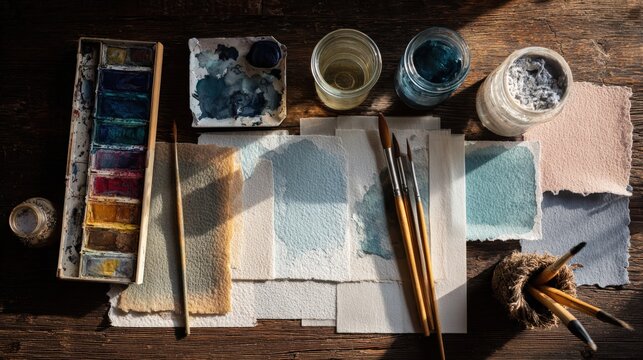 Artistic watercolor supplies laid out on a rustic wooden table with natural light