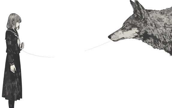 Ilustraci&oacute;n en blanco y negro de una chica con uniforme escolar y un lobo conectados por un hilo fino