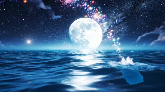 A pink dolphin leaps joyfully into the night sky under a full moon on serene ocean waters