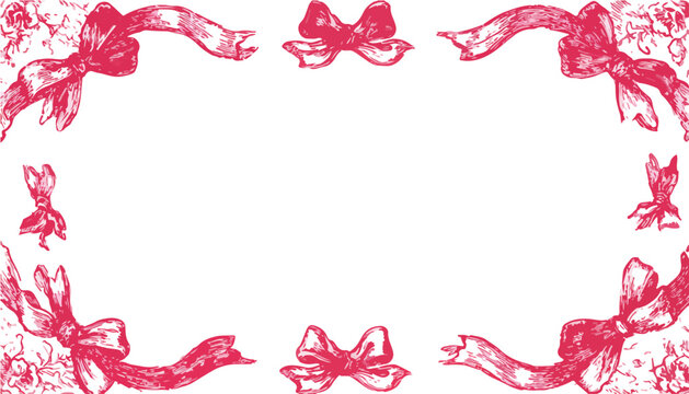 Marco decorativo vintage con lazos y cintas rojas dibujadas a mano sobre fondo blanco