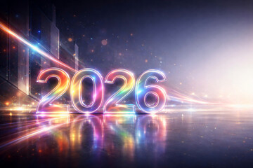 Glowing futuristic 2026 numbers with rainbow light on dark reflective background,Generative ai