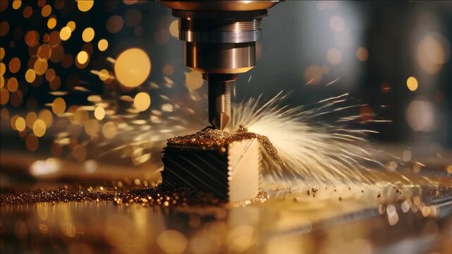 Close-up of metal milling process with sparks flying.