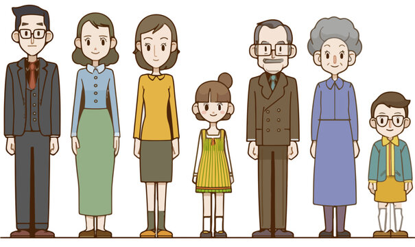 Ilustraci&oacute;n de familia multigeneracional japonesa, incluyendo abuelos, padres e hijos, con fondo transparente.