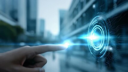A human hand interacts with a futuristic digital interface, symbolizing advanced technology and innovation. The cityscape background highlights urban digital transformation - Powered by Adobe