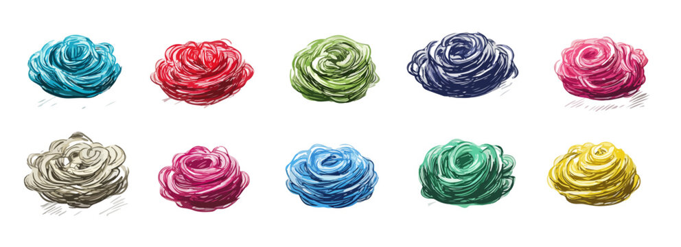 Colecci&oacute;n de diez flores de tela o cintas rizadas en vibrantes colores aisladas sobre fondo blanco.