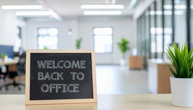 A 'Welcome back to office' sign on a desk in a modern, bright office with a potted plant, conveying a professional and welcoming mood.