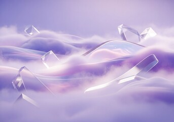 Ethereal Purple Cloudscape with Translucent Crystal Shapes and Wavy Forms