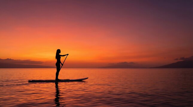 Silhouette of Female Stand Up Paddleboarder at Hawaii Sunset