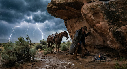 a cowboy standing next to a horse under a large rock formation during a thunderstorm with lightning in the background on a dramatic landscape
