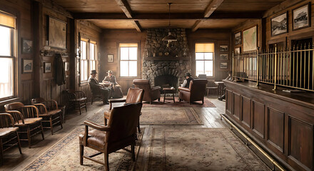 cozy living room with wooden furniture and large windows in a rustic cabin or lodge with a stone fireplace