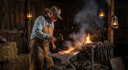 an old man in a cowboy hat working with hot metal in a rustic barn at night with fire and sparks