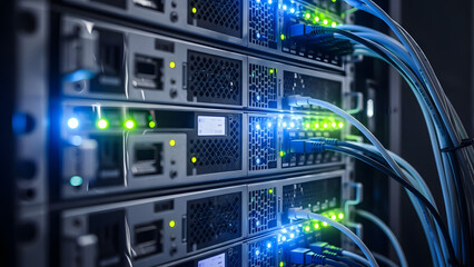 Modern data center servers with network cables and blue LED lights