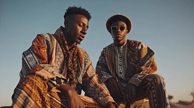 Two young men in traditional African clothing outdoors