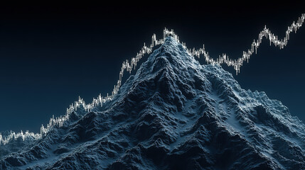 Mountain peak with digital financial chart overlay on dark sky background.