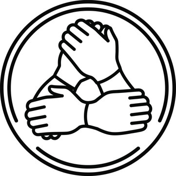 A black and white line art icon of three hands clasped at the wrists forming a triangle of unity within a circular emblem.