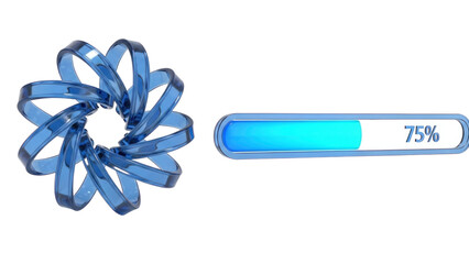 Blue Glass 3D Loading Spinner and Progress Bar, isolated on white