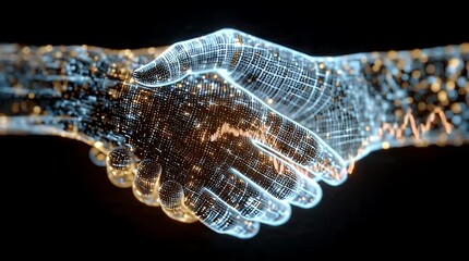 Digital handshake symbolizing a global connection and collaboration in technology and business - Powered by Adobe