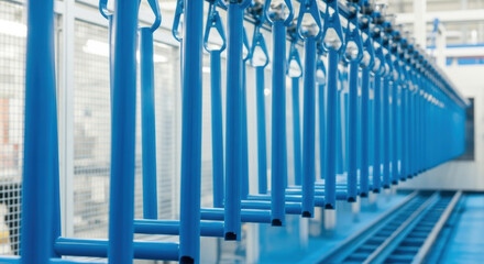 Smooth blue metal frames on automated conveyor line in modern industrial plant, focus on repetitive geometric shapes and clean manufacturing technology environment