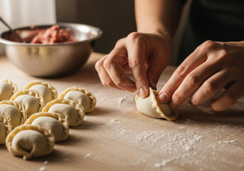 Careful hands shaping homemade dumplings on floured wooden table in warm kitchen, raw dough pockets arranged in row with meat filling bowl in soft evening light
