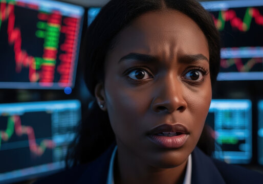 Worried african american financial analyst frowns at falling market graphs on multiple screens, concerned businesswoman reacting to economic crisis and unexpected investment losses - Powered by Adobe